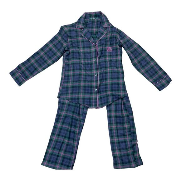 Lauren Ralph Lauren Blue Pink Flannel Pjs Top Pant Monogram RLR Classic EUC Sz S - Picture 9 of 9